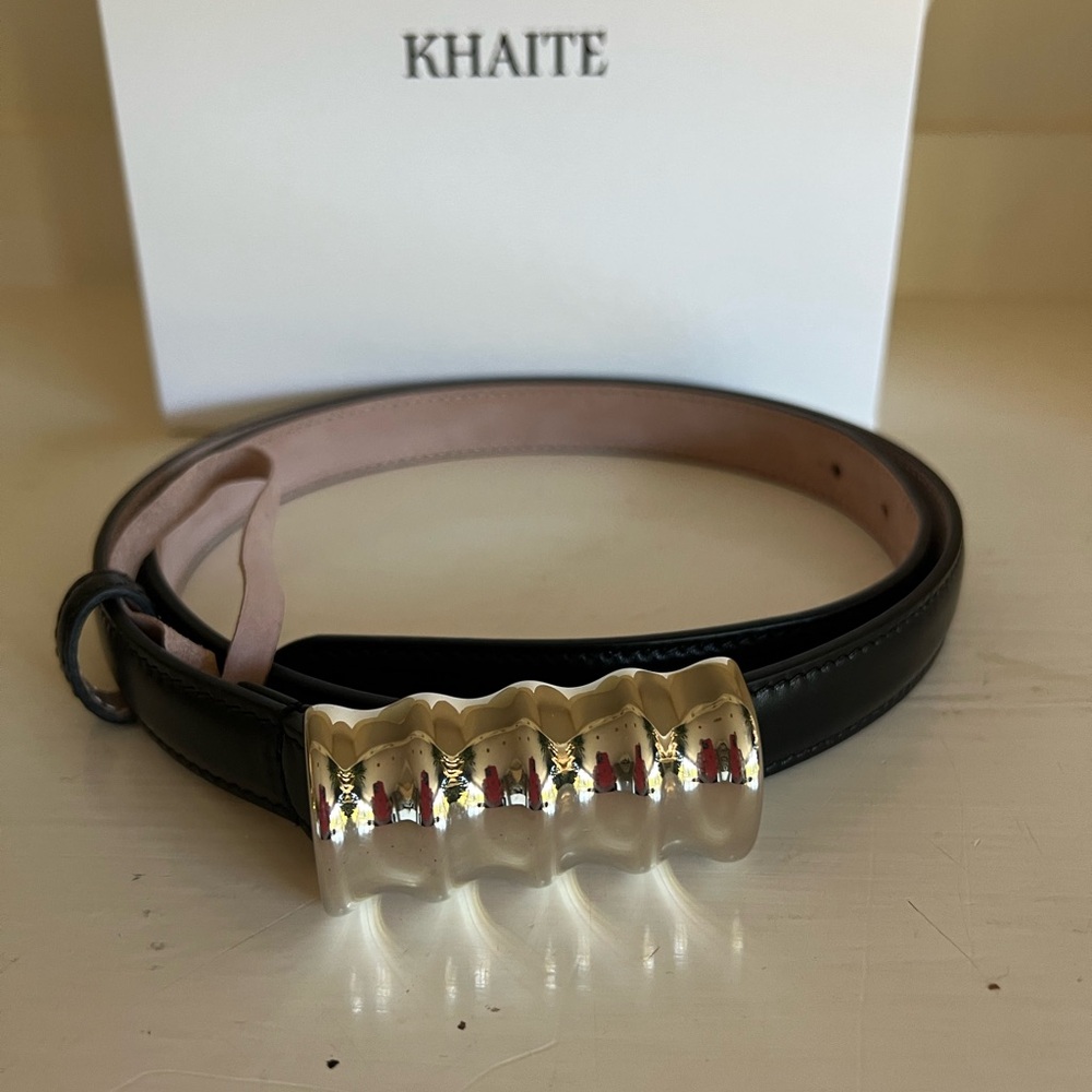$400 NWOT Khaite Black Leather Belt with Silver Buckle - Size 90